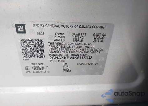 2019 Chevrolet Equinox Lt из США, поврежденный, VIN 2GNAXKEV4K6115332